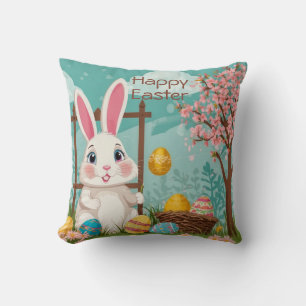Cute Spring Easter Bunny Eggs Floral Illustration  Throw Pillow