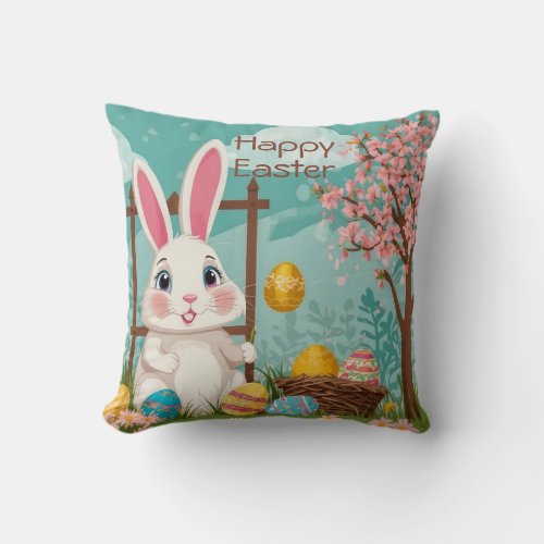 Cute Spring Easter Bunny Eggs Floral Illustration  Throw Pillow