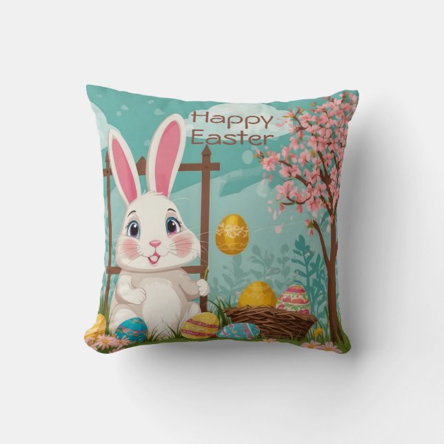 Cute Spring Easter Bunny Eggs Floral Illustration  Throw Pillow (Front)