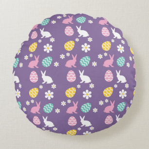 Cute Spring Easter Bunny Floral Pattern Egg Hunt  Round Pillow
