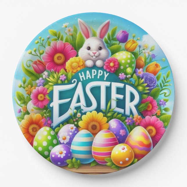 Cute spring/Easter bunny with egg Paper Plates (Front)