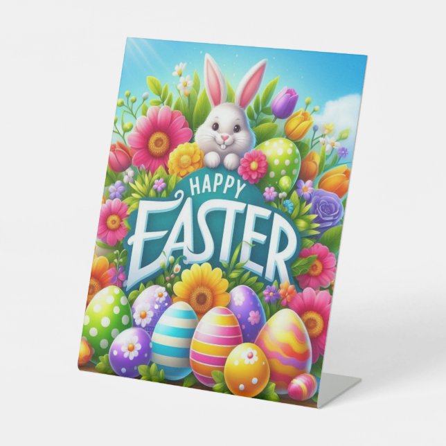 Cute spring/Easter bunny with egg Pedestal Sign (Front)