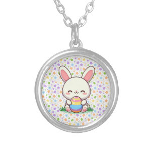 Cute spring/Easter bunny with egg Silver Plated Necklace