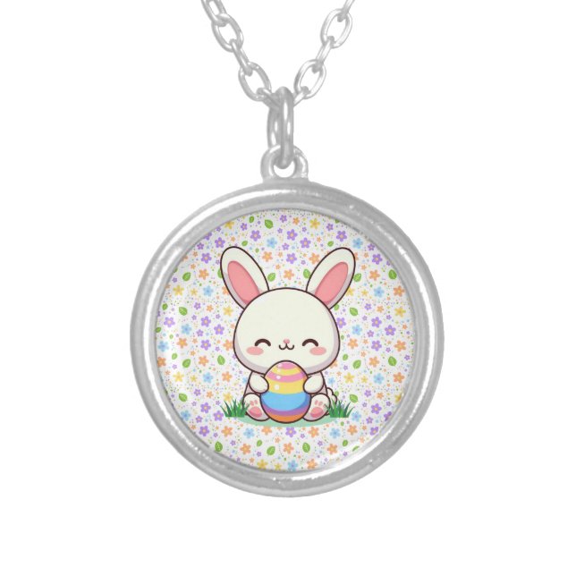 Cute spring/Easter bunny with egg Silver Plated Necklace (Front)