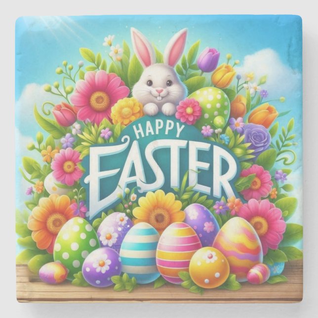 Cute spring/Easter bunny with egg Stone Coaster (Front)