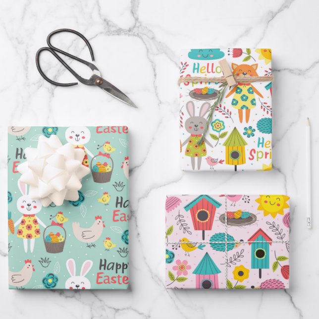 Cute Spring / Easter Cartoons Patterns Wrapping Paper Sheets (Front)