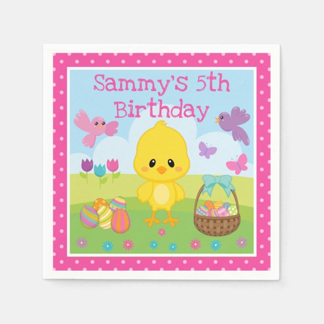 Cute Spring Easter Chick & Chocolate Eggs Birthday Napkins (Front)
