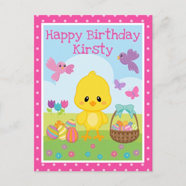 Cute Spring Easter Chick & Chocolate Eggs Birthday Postcard (Front)