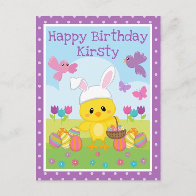 Cute Spring Easter Chick & Chocolate Eggs Birthday Postcard (Front)
