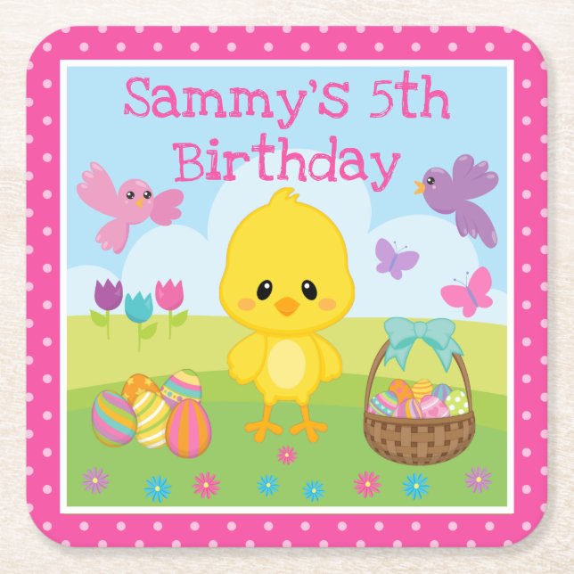 Cute Spring Easter Chick & Chocolate Eggs Birthday Square Paper Coaster (Front)