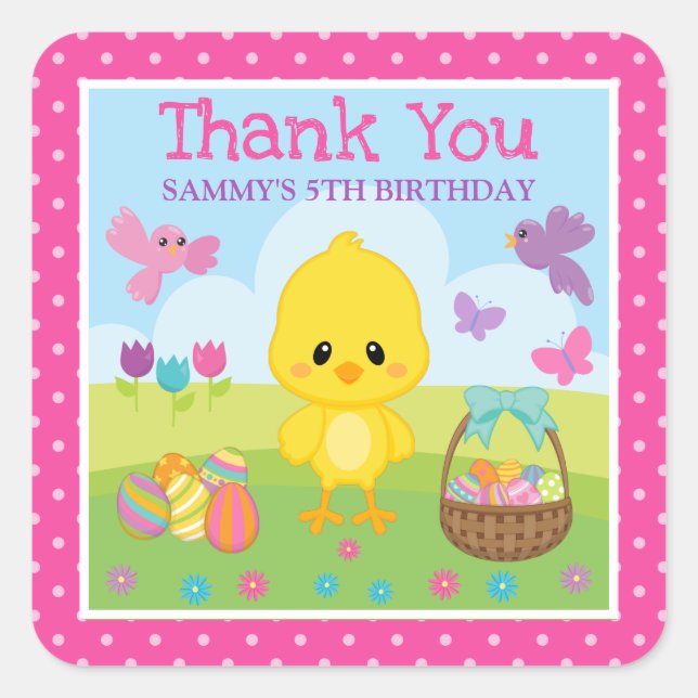 Cute Spring Easter Chick & Chocolate Eggs Birthday Square Sticker (Front)