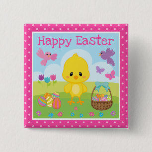 Cute Spring Easter Chick & Chocolate Eggs Easter Button