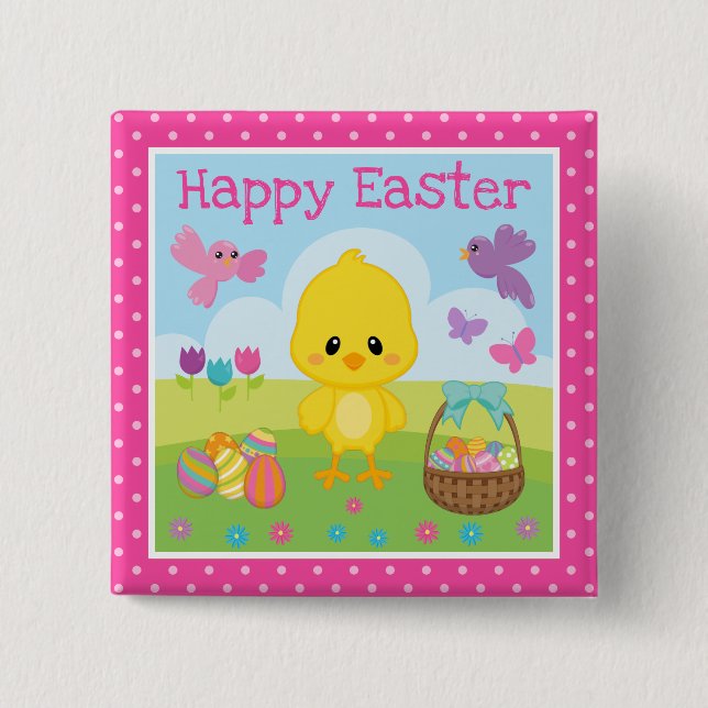 Cute Spring Easter Chick & Chocolate Eggs Easter Button (Front)