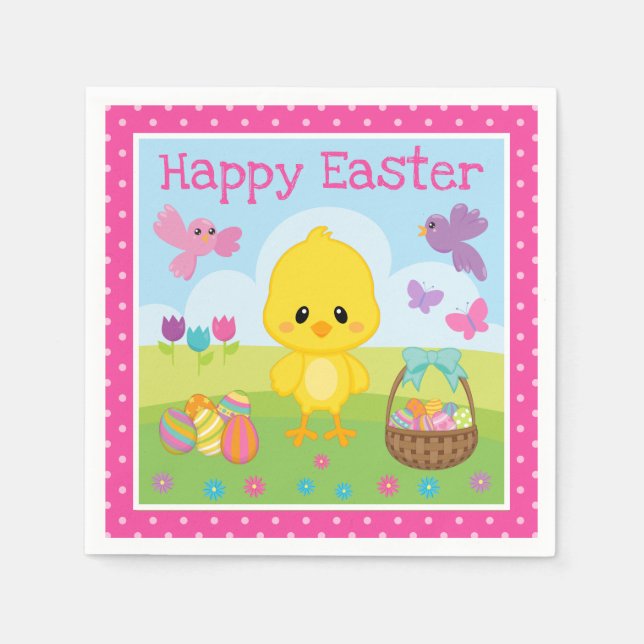 Cute Spring Easter Chick & Chocolate Eggs Easter Napkins (Front)