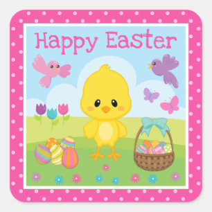 Cute Spring Easter Chick & Chocolate Eggs Easter Square Sticker
