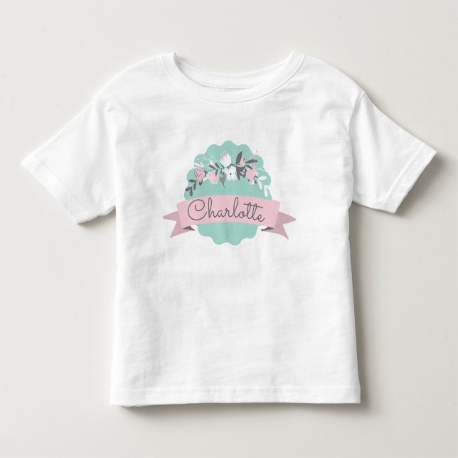 Cute Spring Easter Floral Pink Ribbon Personalized Toddler T-shirt (Front)