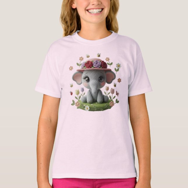 Cute Spring Elephant Crochet Style  T-Shirt (Front)
