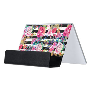 Cute spring floral and stripes watercolor pattern desk business card holder