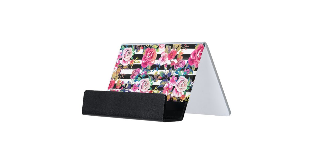 Cute Spring Floral And Stripes Watercolor Pattern Desk Business Card Holder Zazzle Com