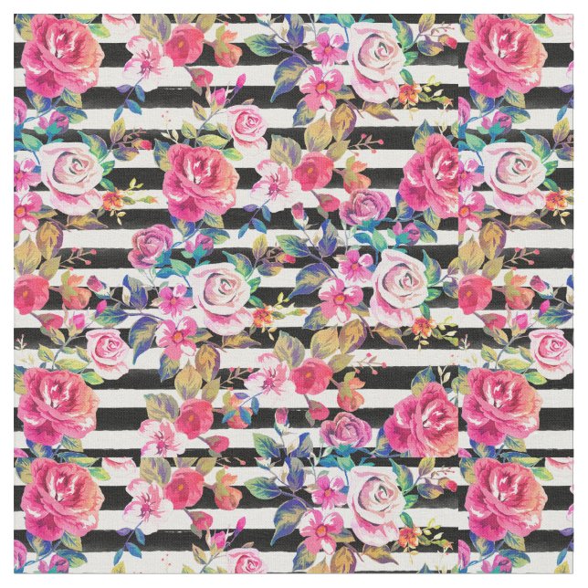 Cute spring floral and stripes watercolor pattern fabric (Close Up)