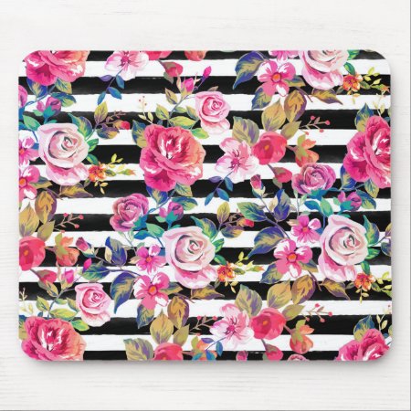 Cute Spring Floral And Stripes Watercolor Pattern Mouse Pad