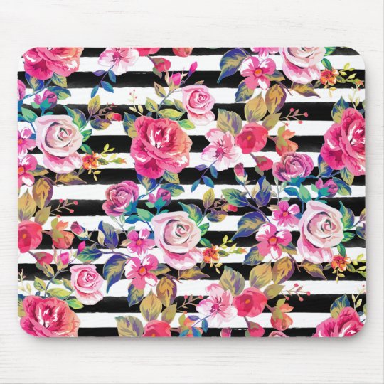 Cute spring floral and stripes watercolor pattern mouse ...