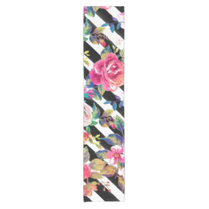 Cute spring floral and stripes watercolor pattern short table runner