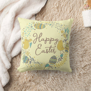 Cute Spring Floral Chicks Happy Easter Throw Pillow