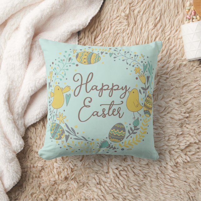 Cute Spring Floral Chicks Happy Easter Throw Pillow (Blanket)