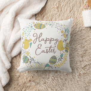 Cute Spring Floral Chicks Happy Easter Throw Pillow