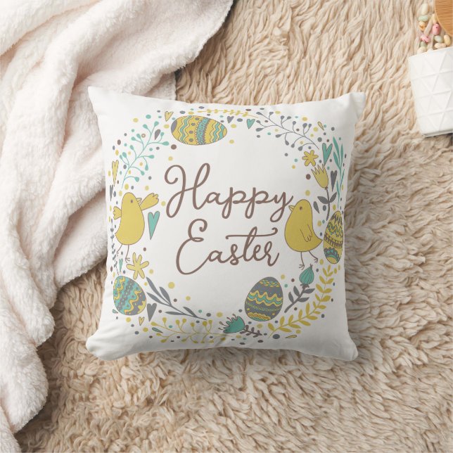 Cute Spring Floral Chicks Happy Easter Throw Pillow (Blanket)