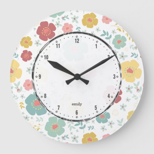 Cute Spring Flowers Pattern Pastel Colors Large Clock