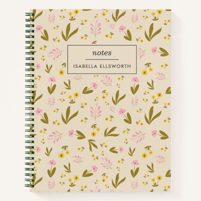 Cute Spring Flowers Pink Green Floral Custom Name Notebook (Front)