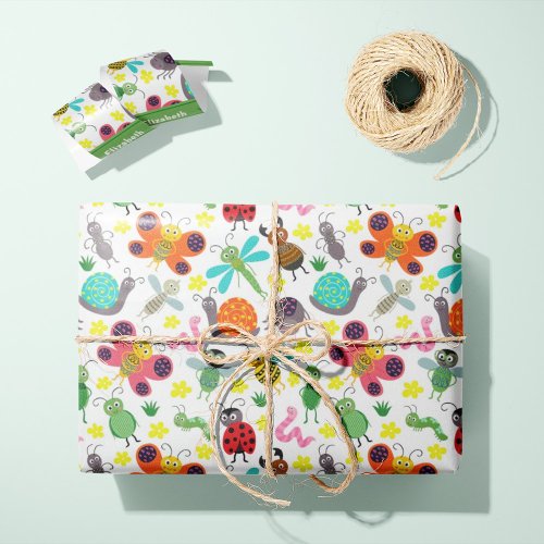 Cute Spring Insects Pattern Kids Name Age Birthday Wrapping Paper