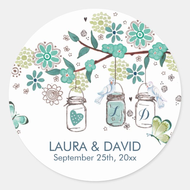 Cute spring Mason Jars Garden Wedding  Classic Round Sticker (Front)