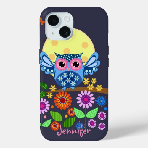 Cute spring Owl  custom Name iPhone 15 Case