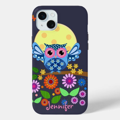 Cute spring Owl  custom Name iPhone 15 Plus Case