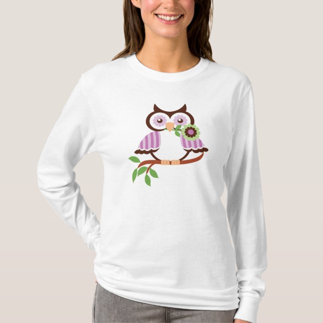 Cute spring owl holding a flower in her beak T-Shirt (Front)