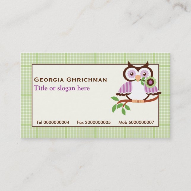 Cute spring owl on a branch, green plaid border business card (Front)