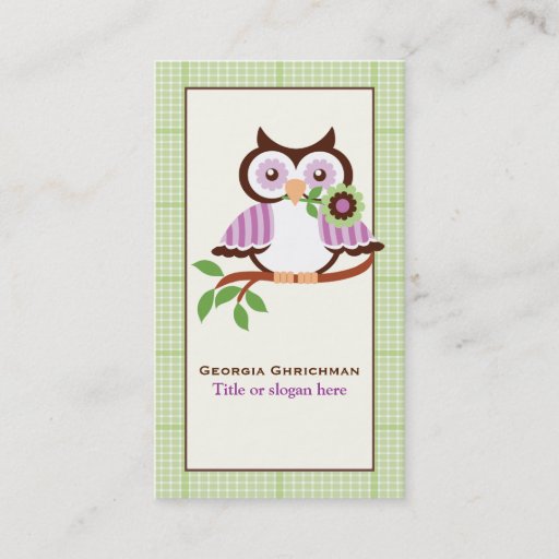 Customizable Cute spring owl on a branch, green plaid border business card