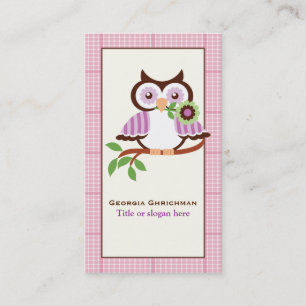 Cute spring owl on a branch, pink plaid border business card