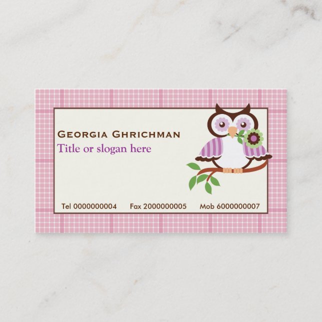 Cute spring owl on a branch, pink plaid border business card (Front)