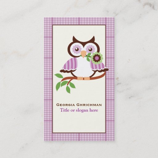Customizable Cute spring owl on a branch, purple plaid border business card template