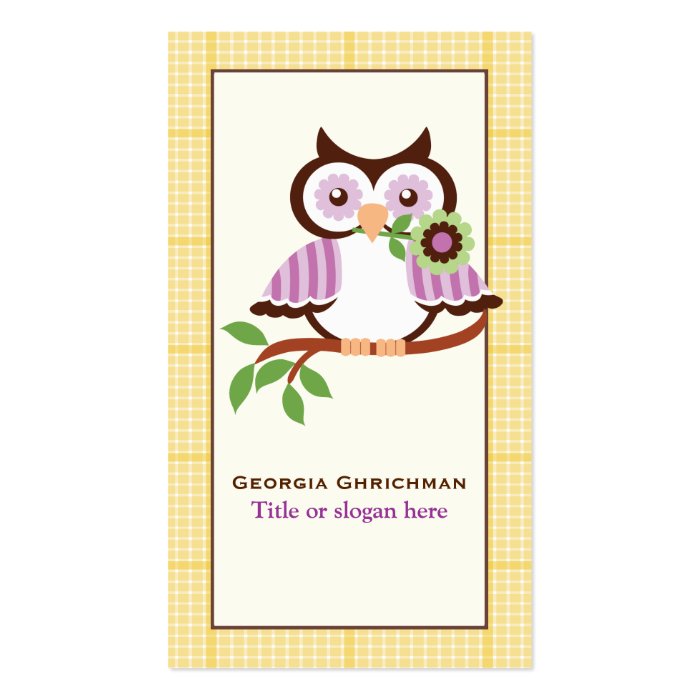 Cute spring owl on a branch, yellow plaid border business card template
