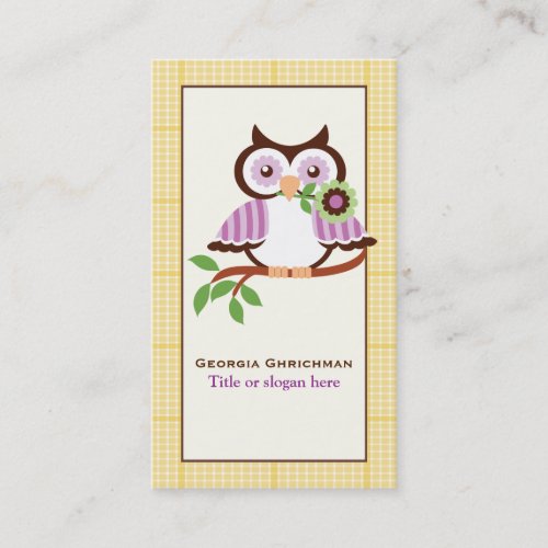 Cute spring owl on a branch, yellow plaid border business card template