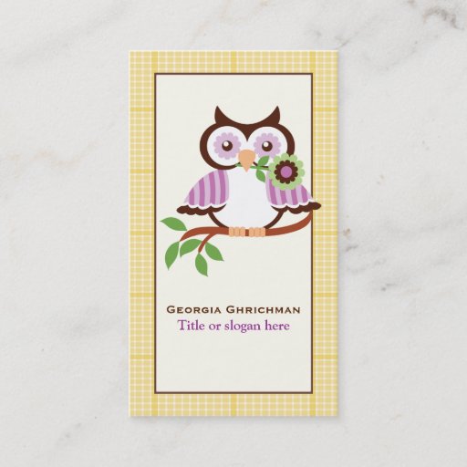 Customizable Cute spring owl on a branch, yellow plaid border business card template