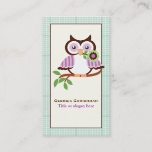 Cute spring owl with mint green plaid border business card