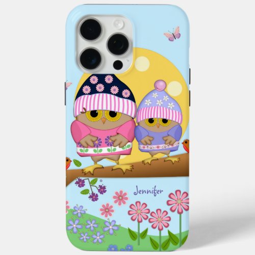 Cute spring owls and custom name iPhone 15 pro max case