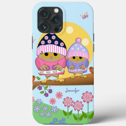 Cute spring owls and custom name iPhone 13 pro max case