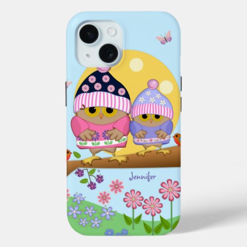 Cute spring owls and custom name iPhone 15 case